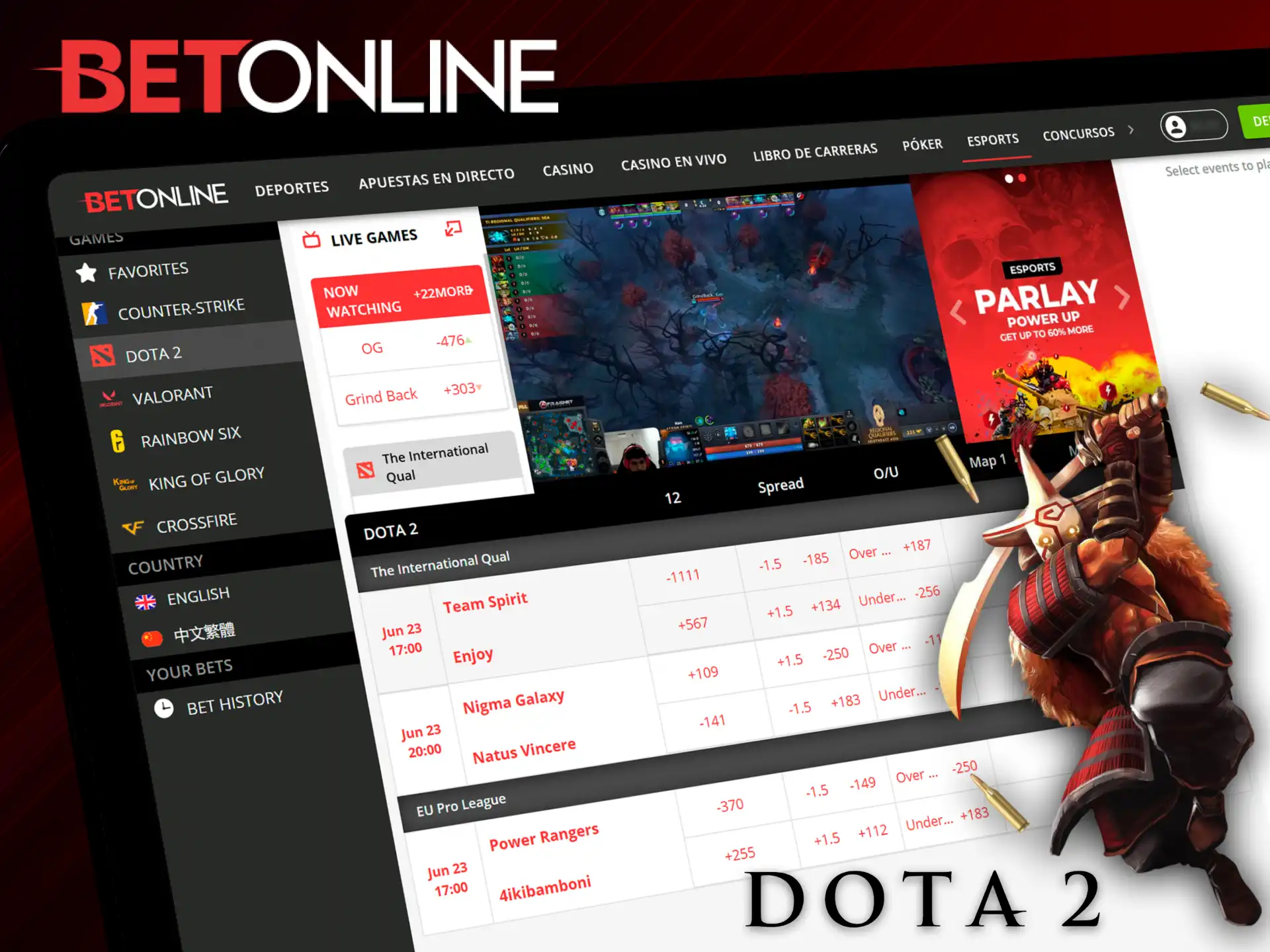 Place a wager on Dota 2 eSports games using BetOnline.