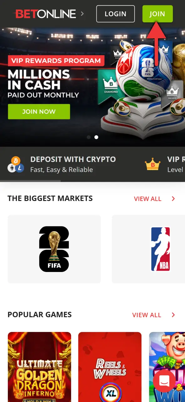 Locate the Join button on BetOnline to open the signup form.