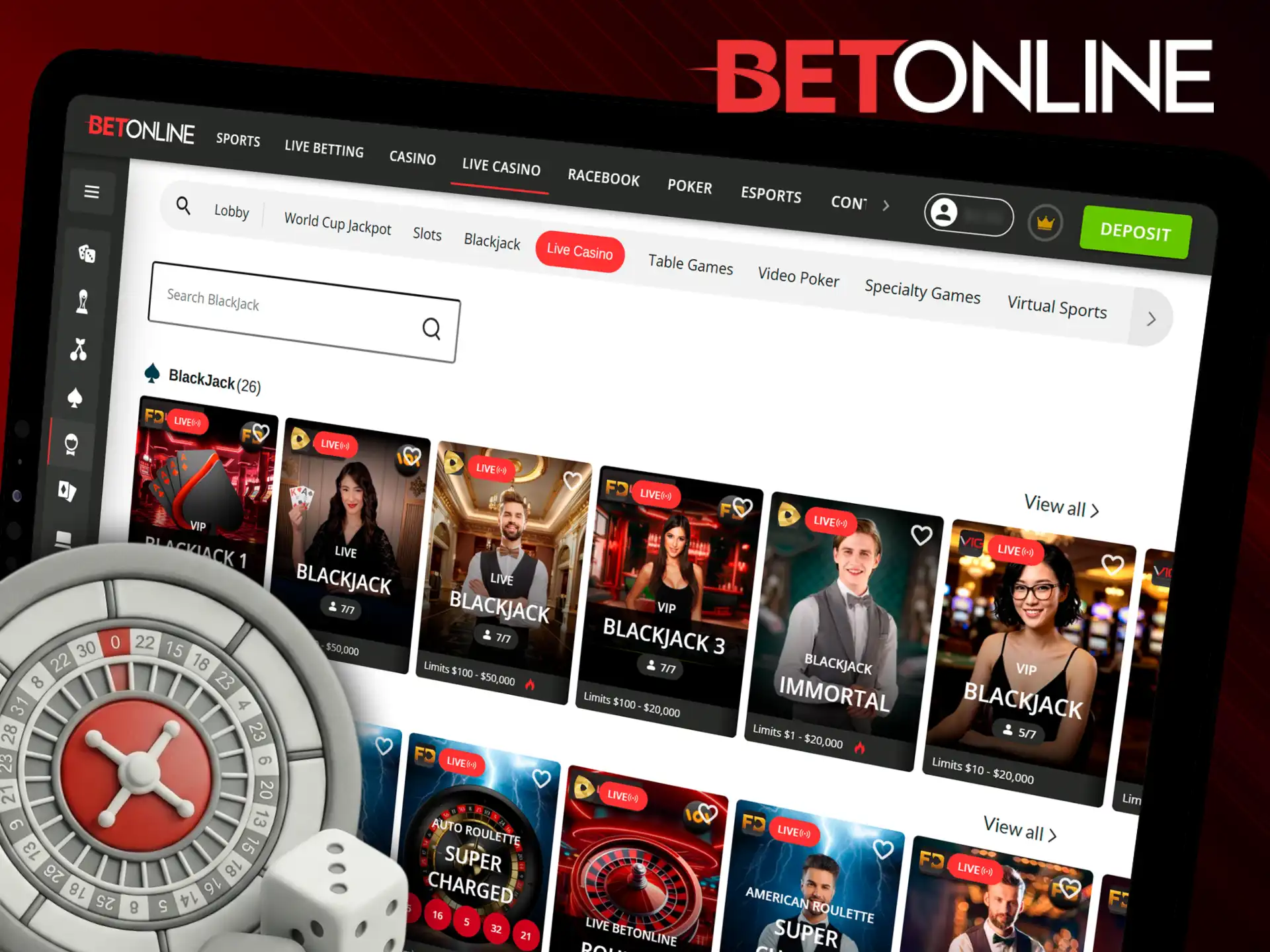 Enter the live casino section at BetOnline to play with real dealers.
