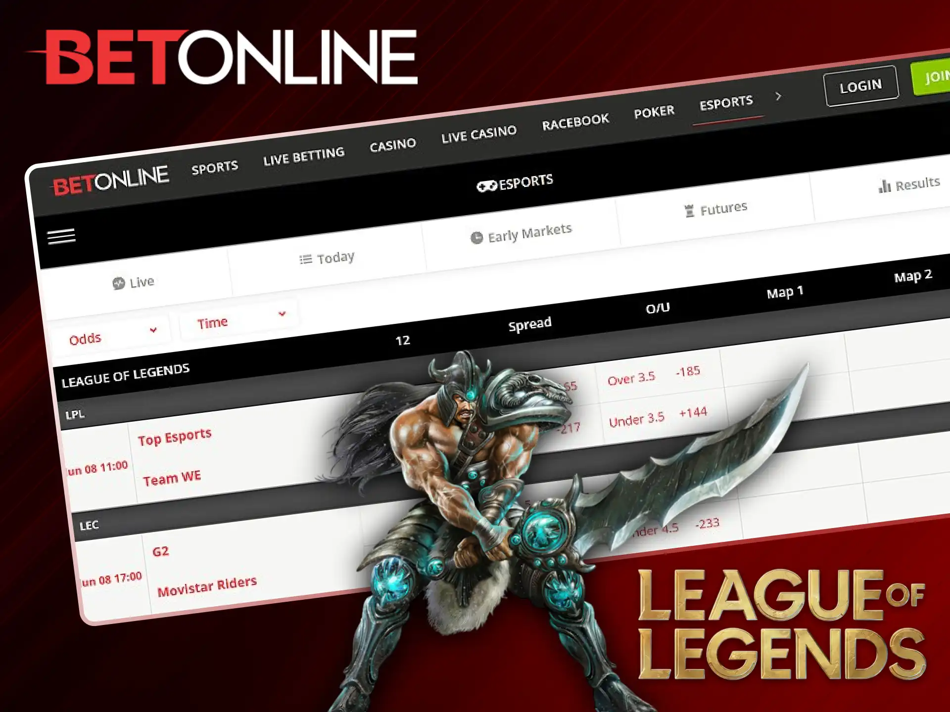 Bet on competitive LoL eSports events through the BetOnline platform.