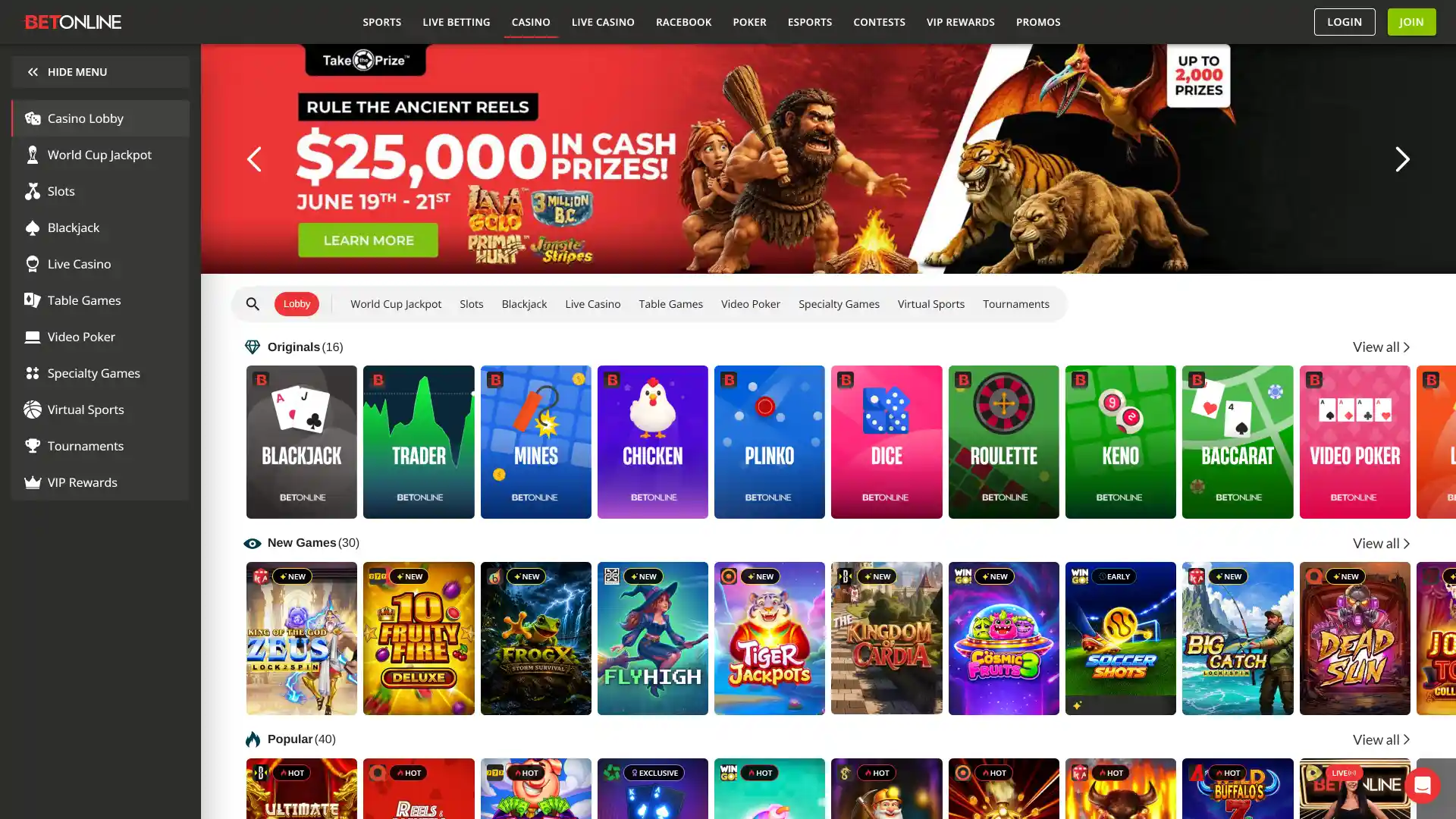 Play exciting real money games in the extensive BetOnline online casino section.