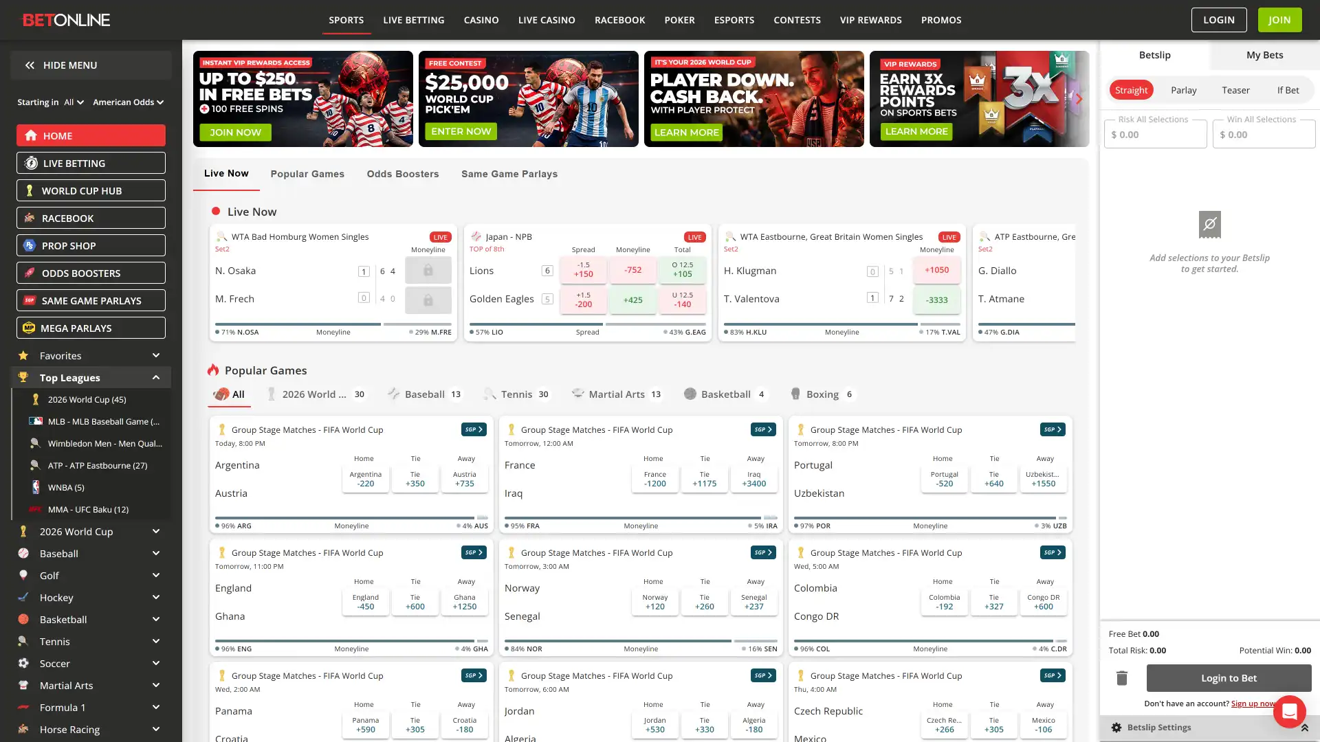 Place wagers on your favorite athletic events via the BetOnline sports platform.