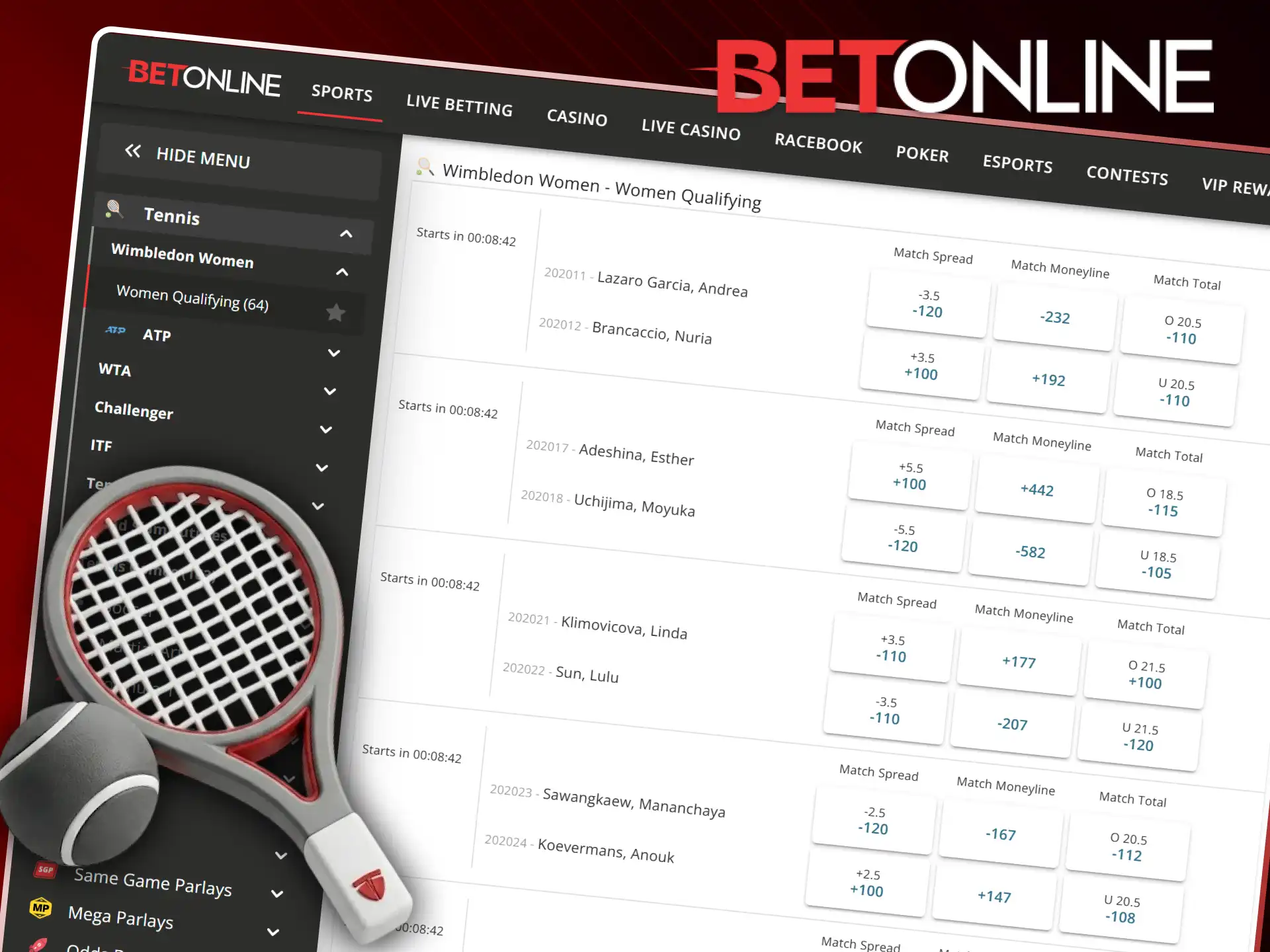 Check tennis sports lines at BetOnline and bet on major tournaments.