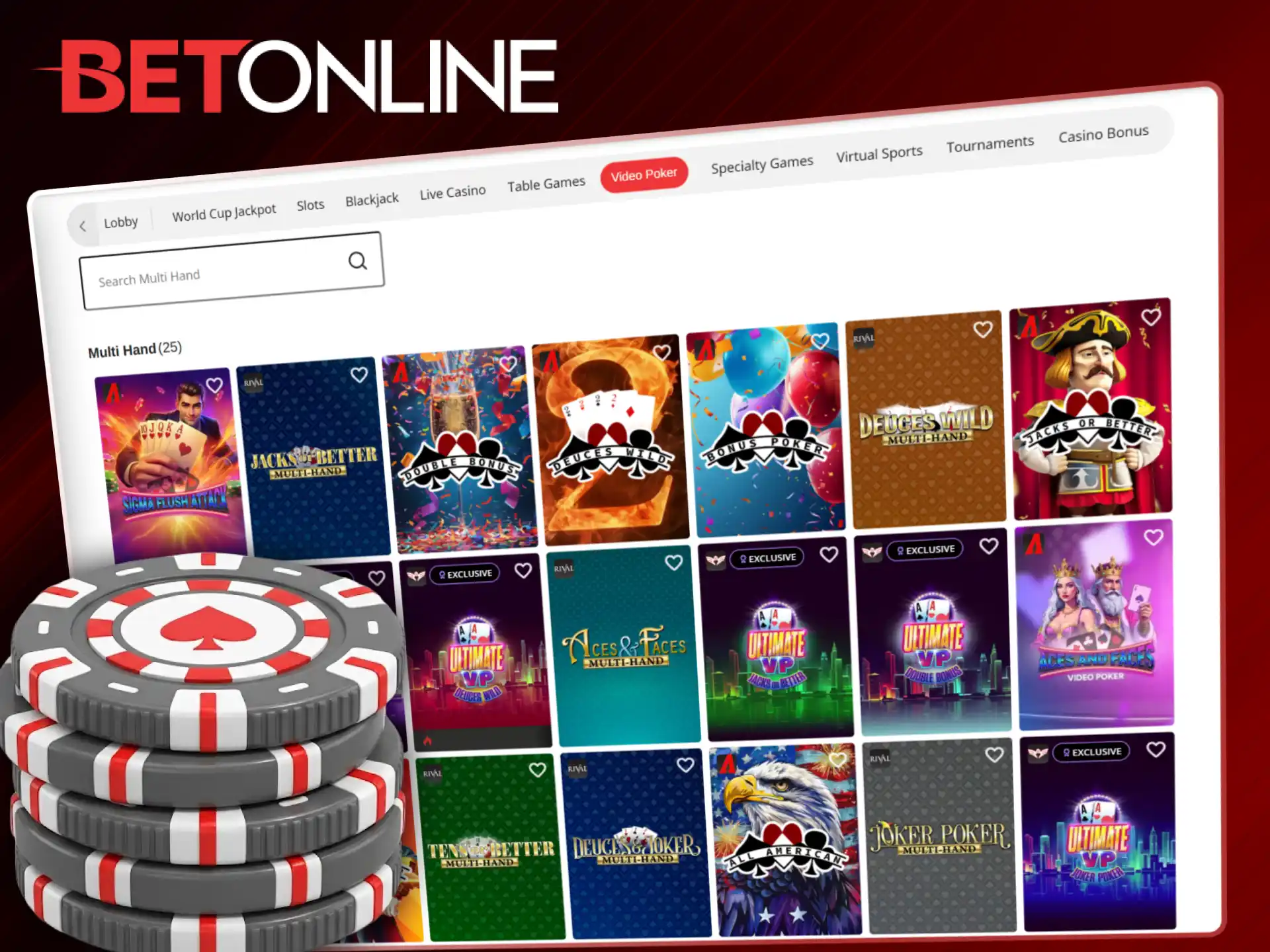 Play video poker casino variants at BetOnline for high payout potential.