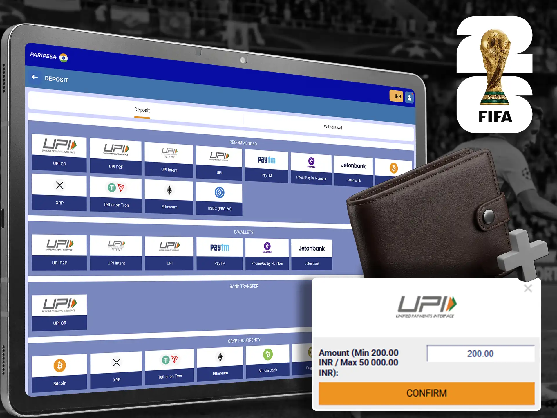 Depositing funds securely for online FIFA World Cup bets.