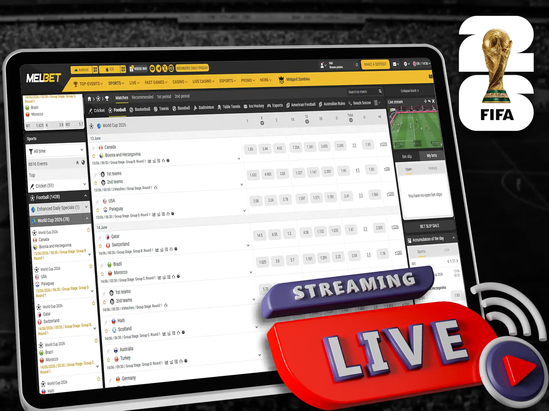 Free live streaming of actual FIFA World Cup matches.
