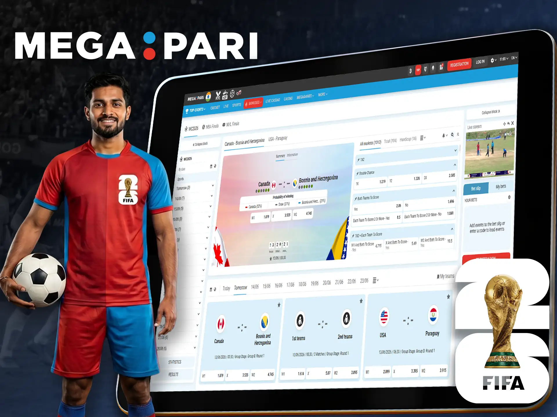 MegaPari sports live section with FIFA World Cup odds.