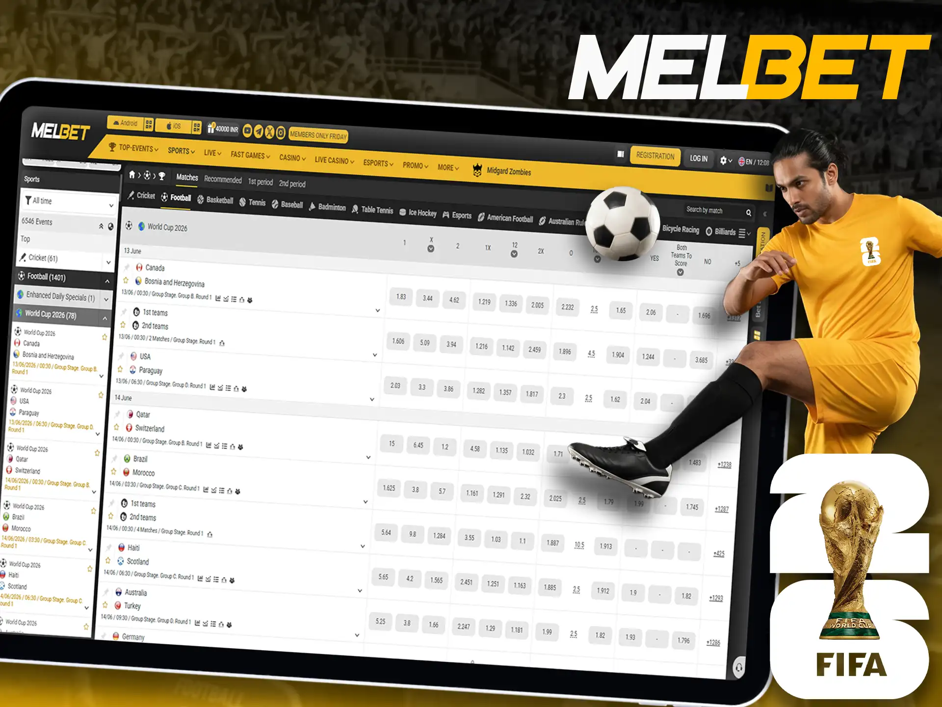 Melbet mobile application for FIFA World Cup betting online.