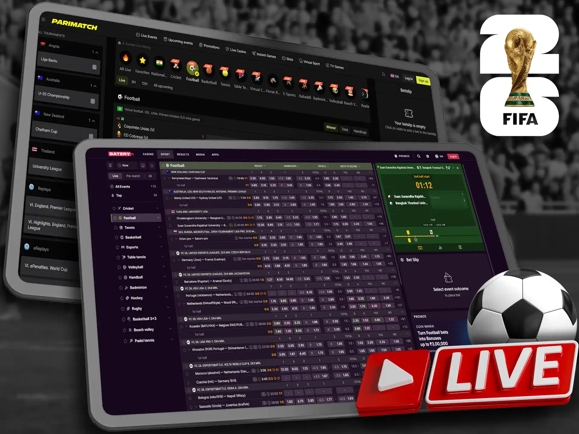 Live interactive features for actual FIFA World Cup betting.