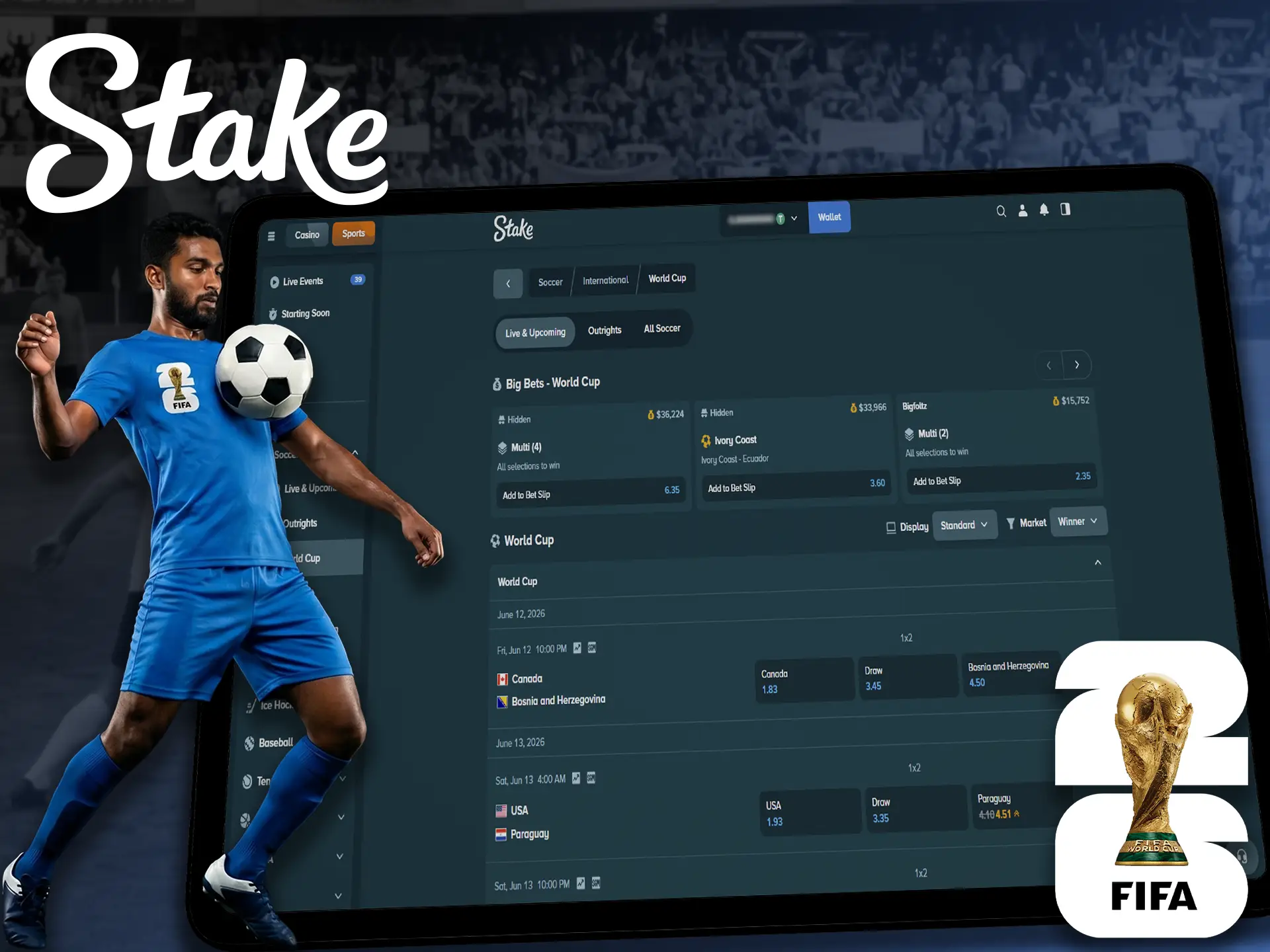 Crypto betting on FIFA World Cup matches at Stake.