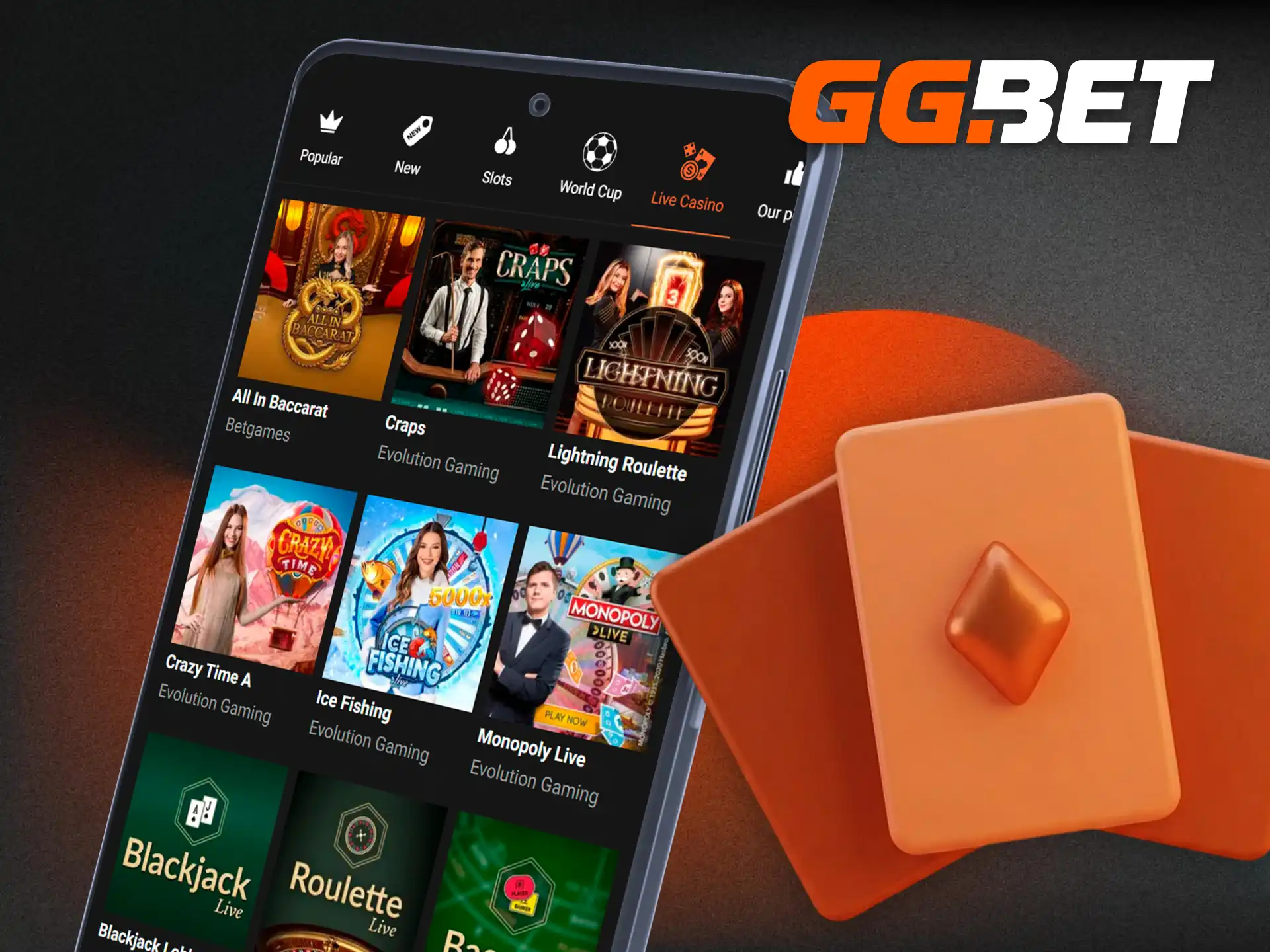 Play with professional live dealers in real time via the GGBet app live casino.