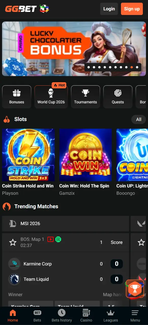 Open the GGBet app interface homepage to access all mobile gambling features.
