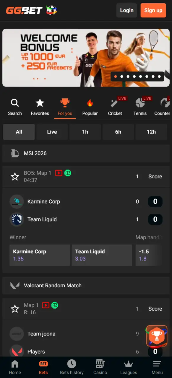 Navigate the comprehensive sports betting section on the GGBet app interface.