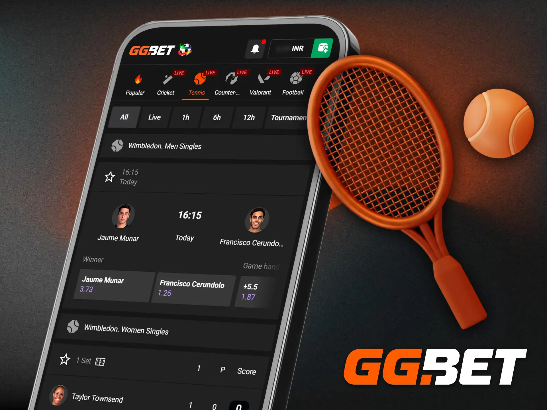 Stream matches and predict set winners in the tennis betting category on the GGBet app.