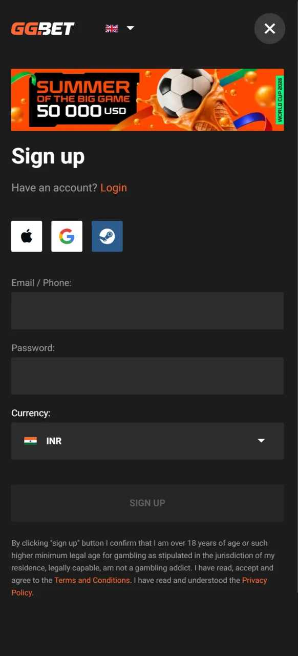 Fill in your account information to set up your GGBet registration details.