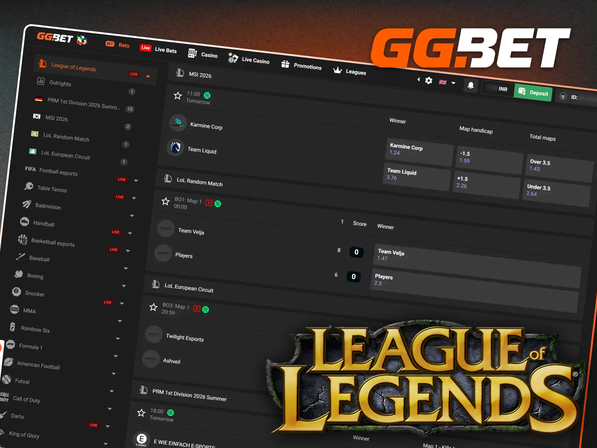 Support your favorite global teams when betting on LoL via the GGBet platform.