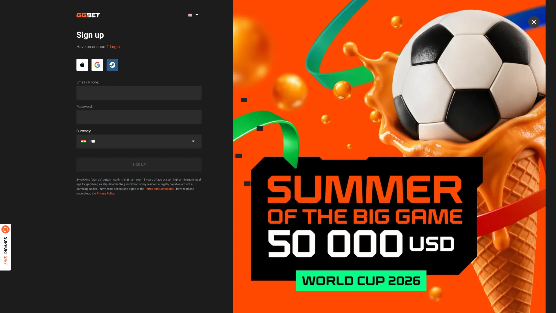Open the registration form on the GGBet official website to create an account.
