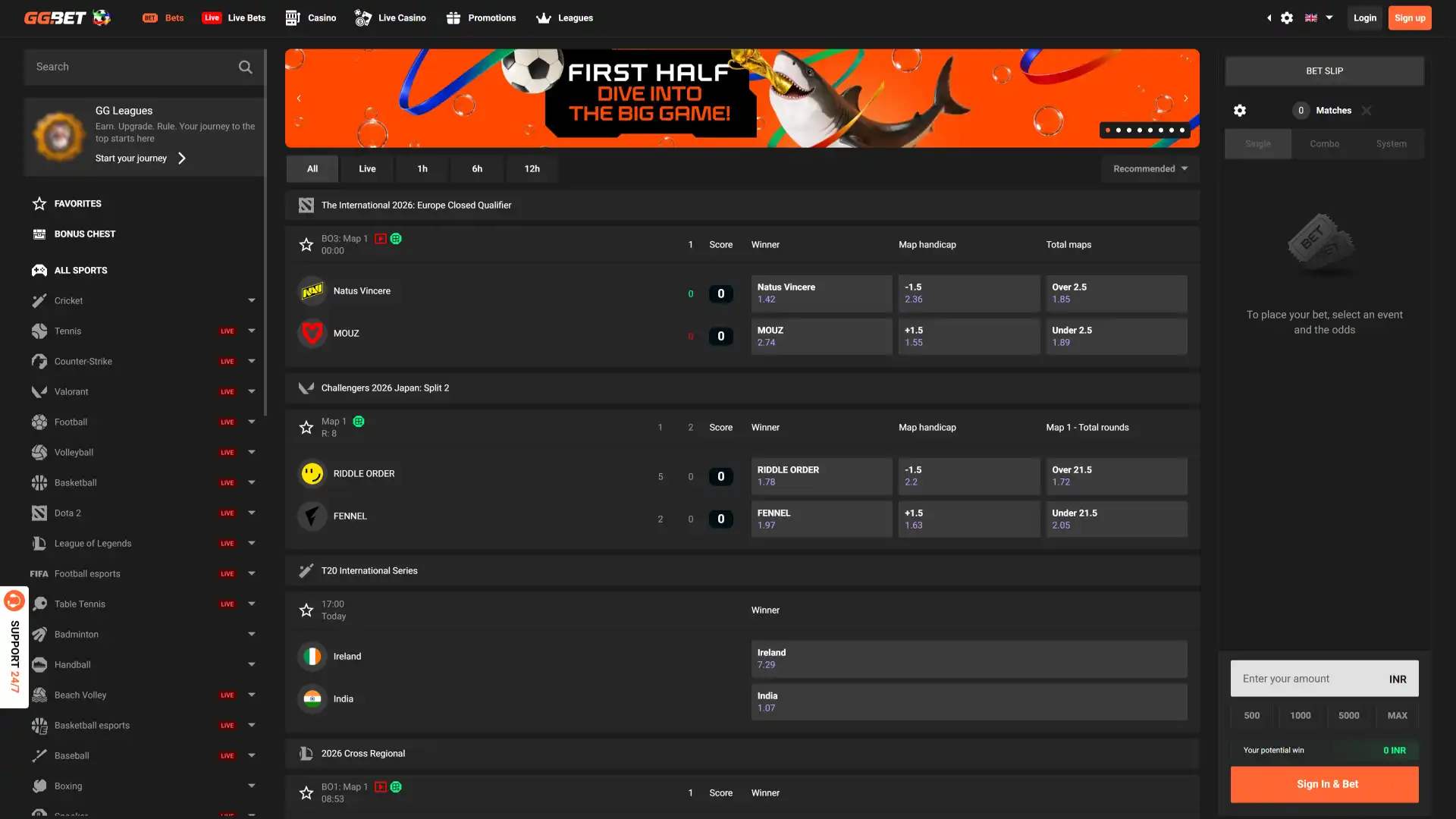 View the massive sportsbook selection available on the GGBet official website homepage.