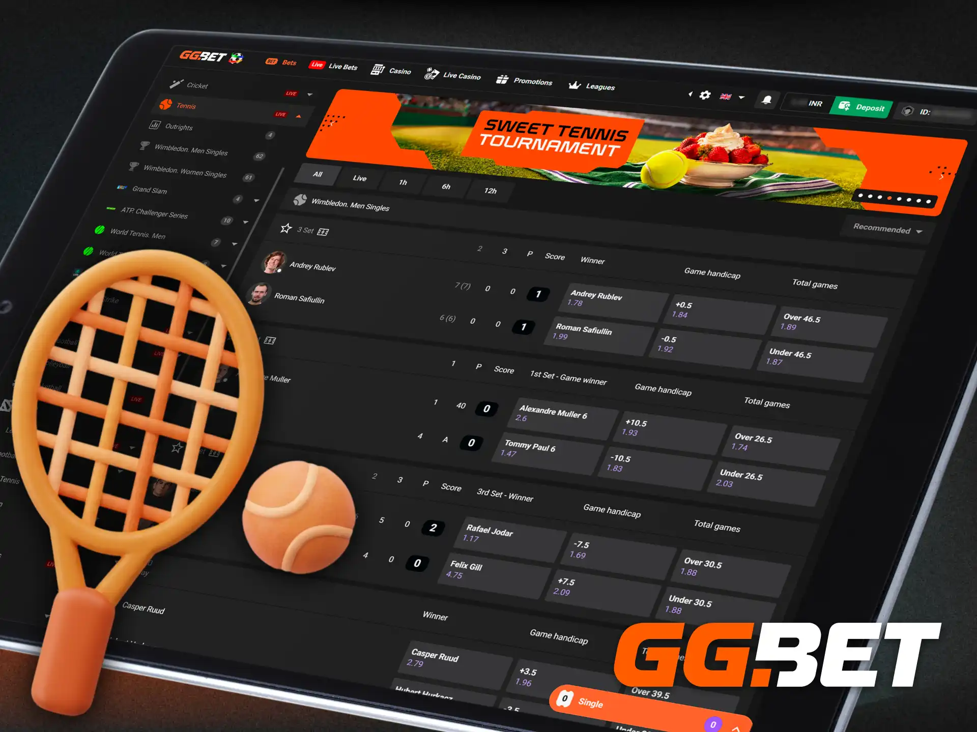 Prediction match outcomes in the tennis betting section on the GGBet site.