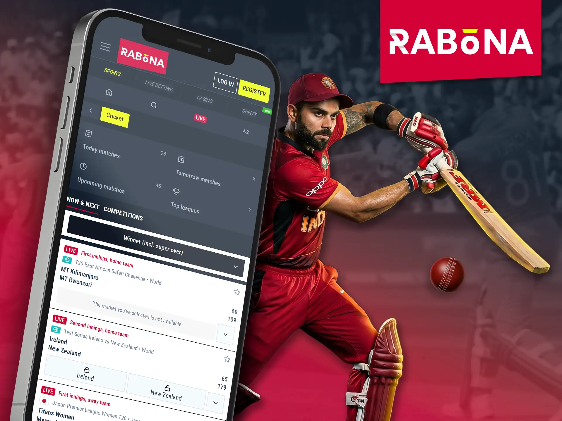 Bet on cricket matches using the Rabona mobile app.