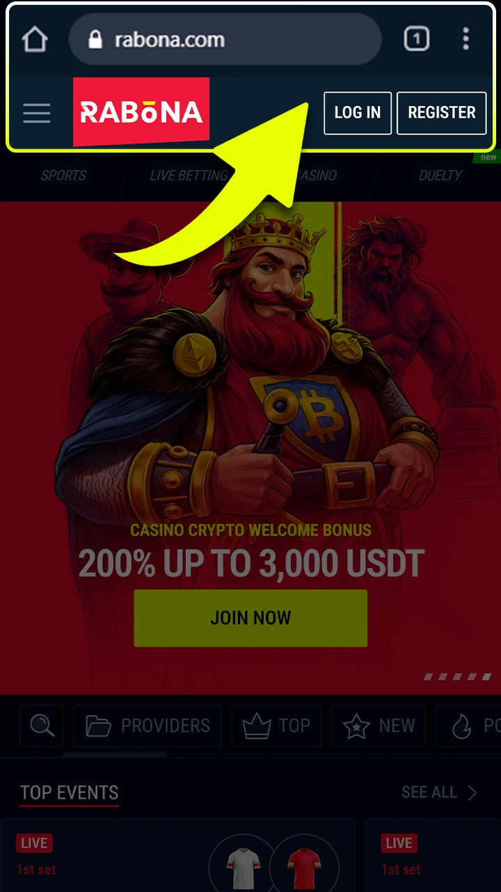 Step one is opening the Rabona website on mobile.