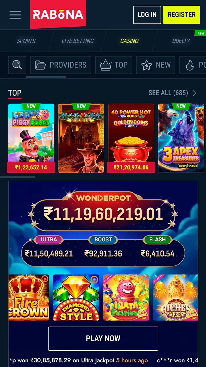 Explore the casino section inside the Rabona mobile app.