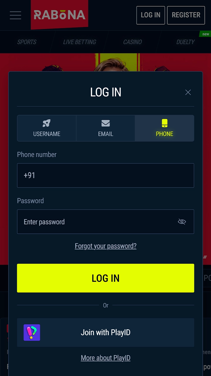 Secure account login page inside the Rabona app.