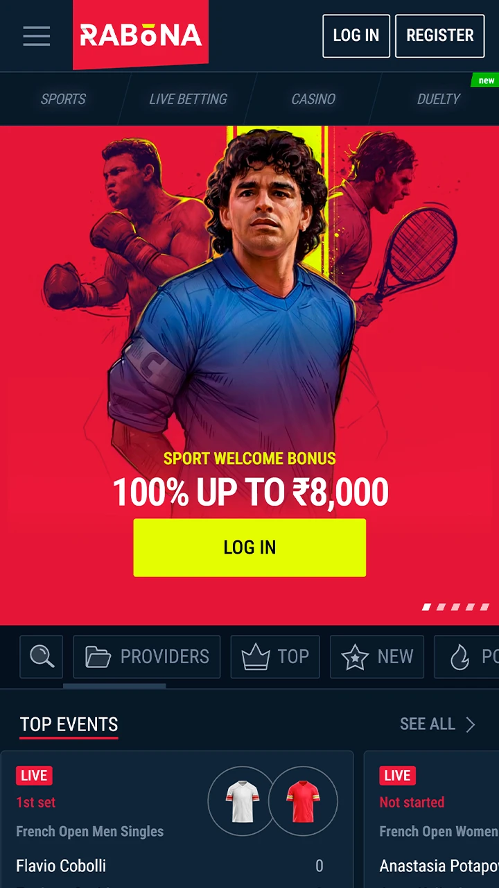 Main page layout of the Rabona mobile application.
