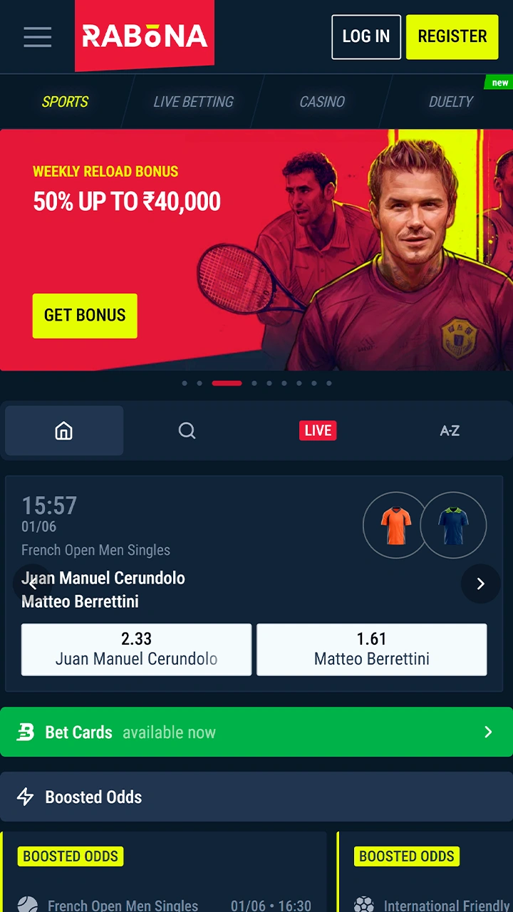 Sports betting dashboard available on the Rabona app.