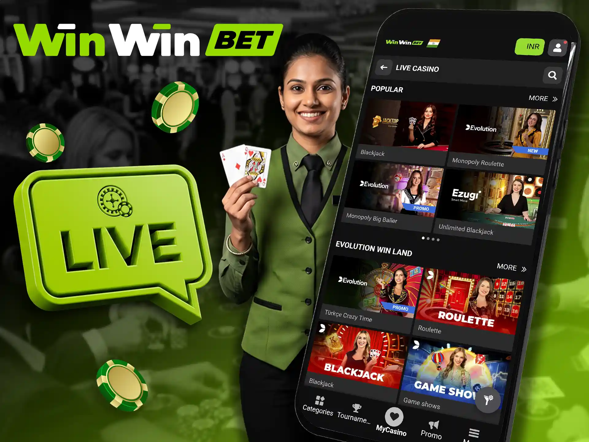 Engage with real interactive human dealers on WinWin live.