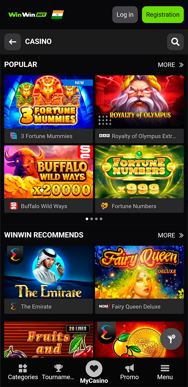 View top rated catalog games on WinWin casino page.
