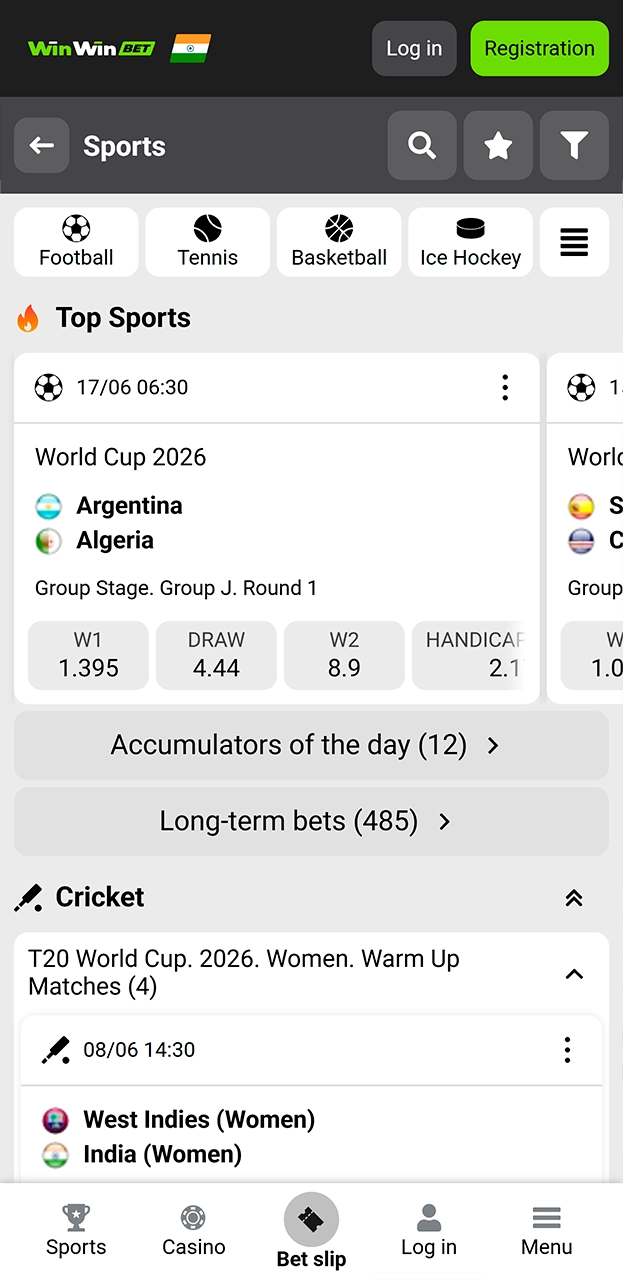 Browse the active pre match sportsbook on WinWin app.