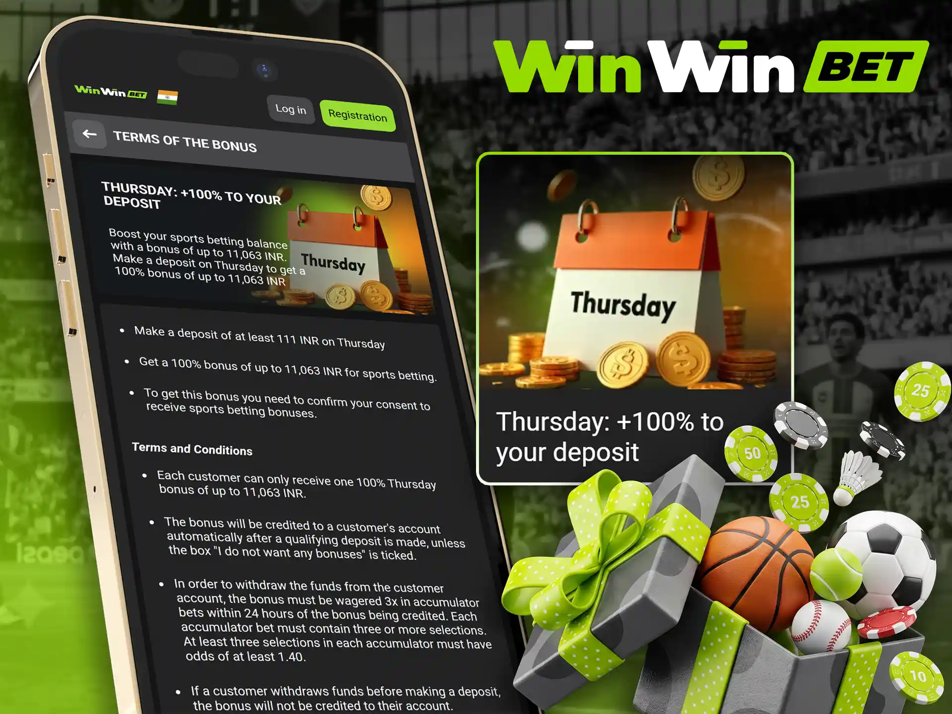 Increase your betting balance with WinWin Thursday reload bonus.