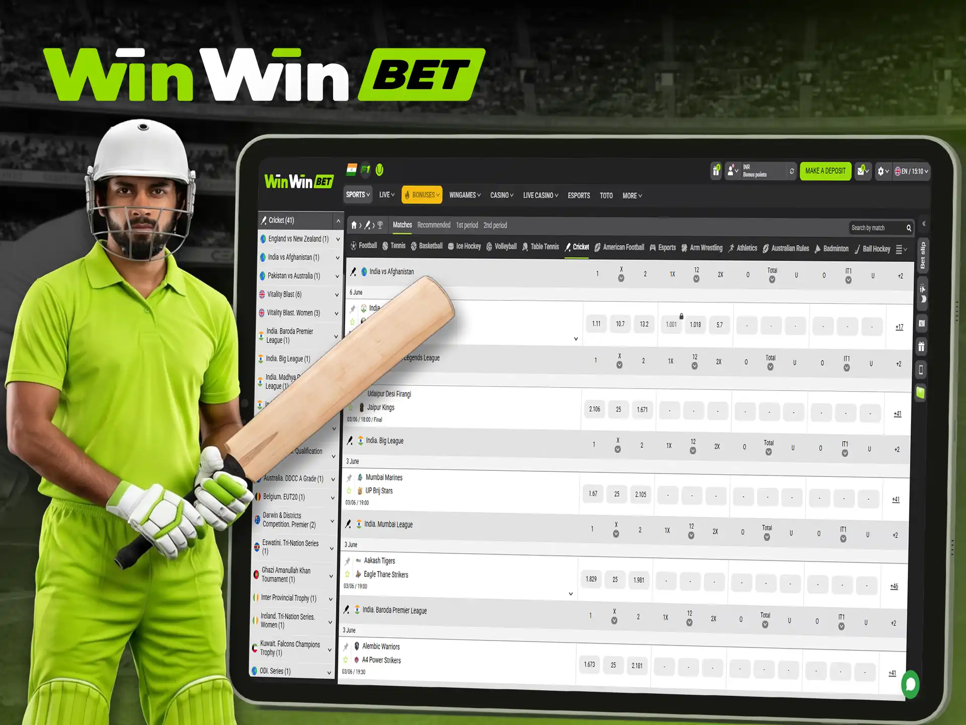 Bet on top cricket matches in the WinWin section.