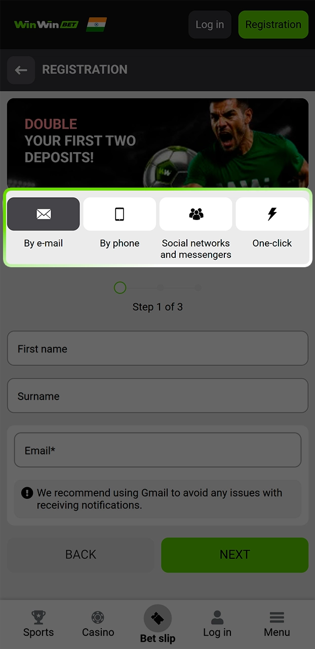 Step one is opening the registration form on WinWin.