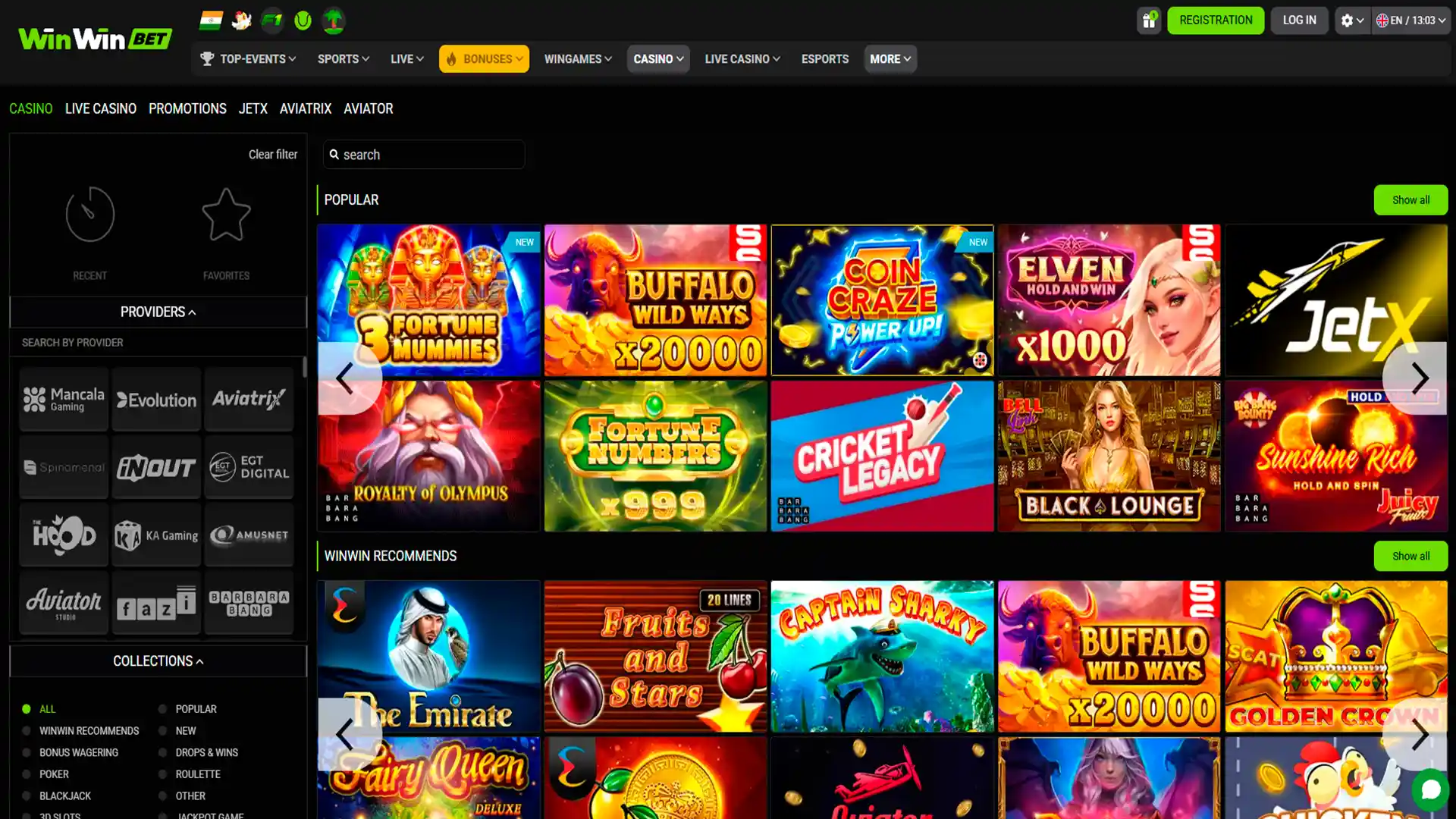 Browse the exciting casino page on the WinWin site.