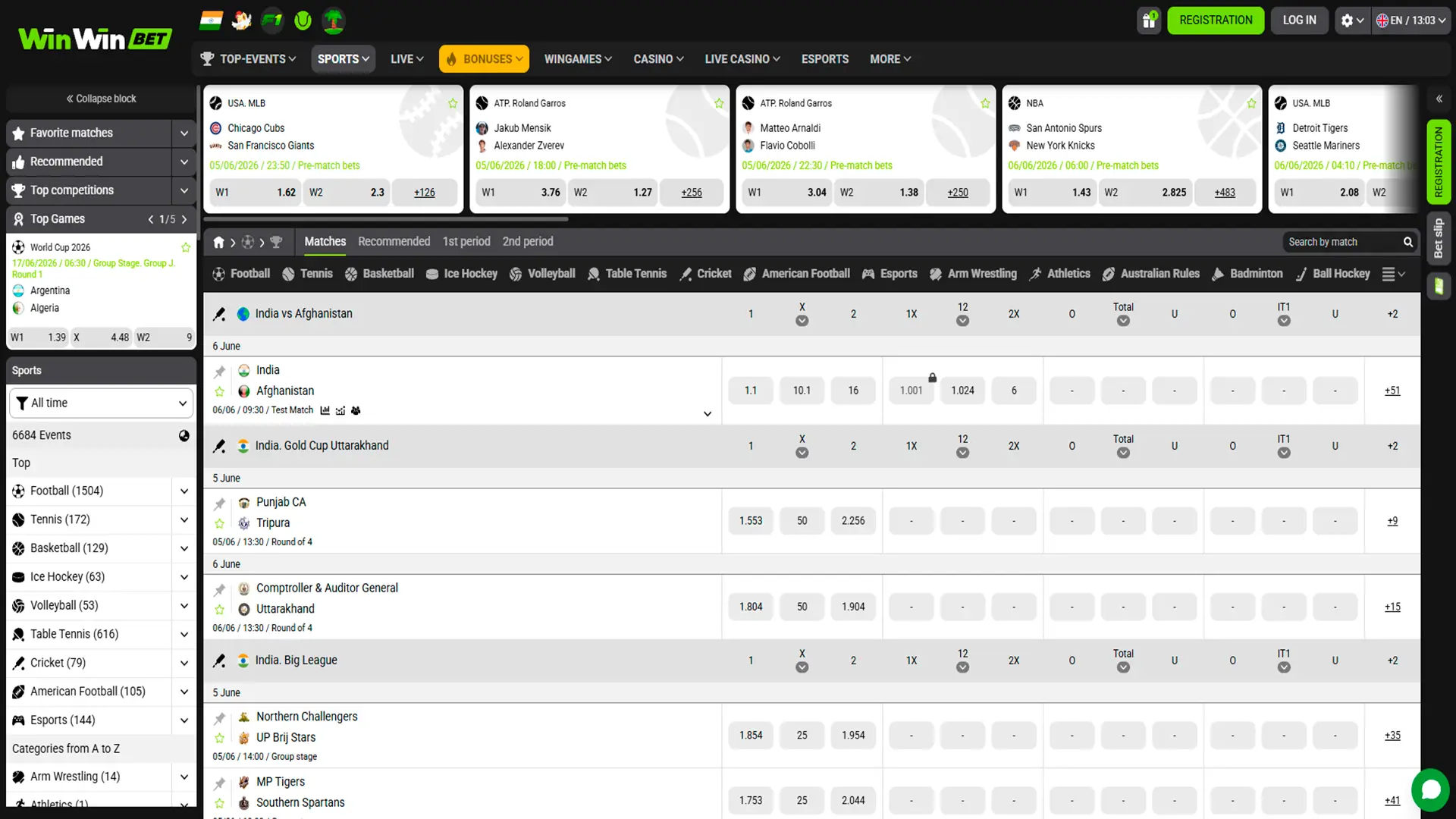 Find your favorite matches on the WinWin sports page.