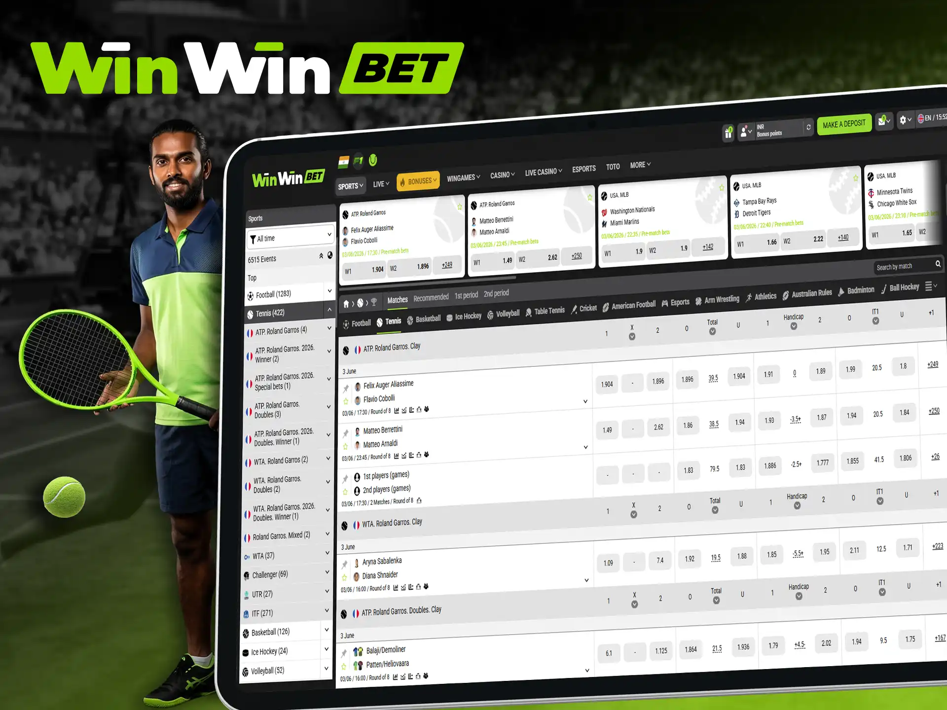 Place your bets in the WinWin tennis betting section.