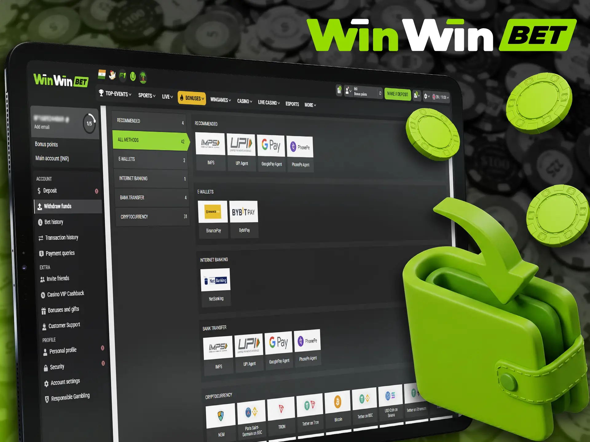 Easily withdraw your winnings from your WinWin account.