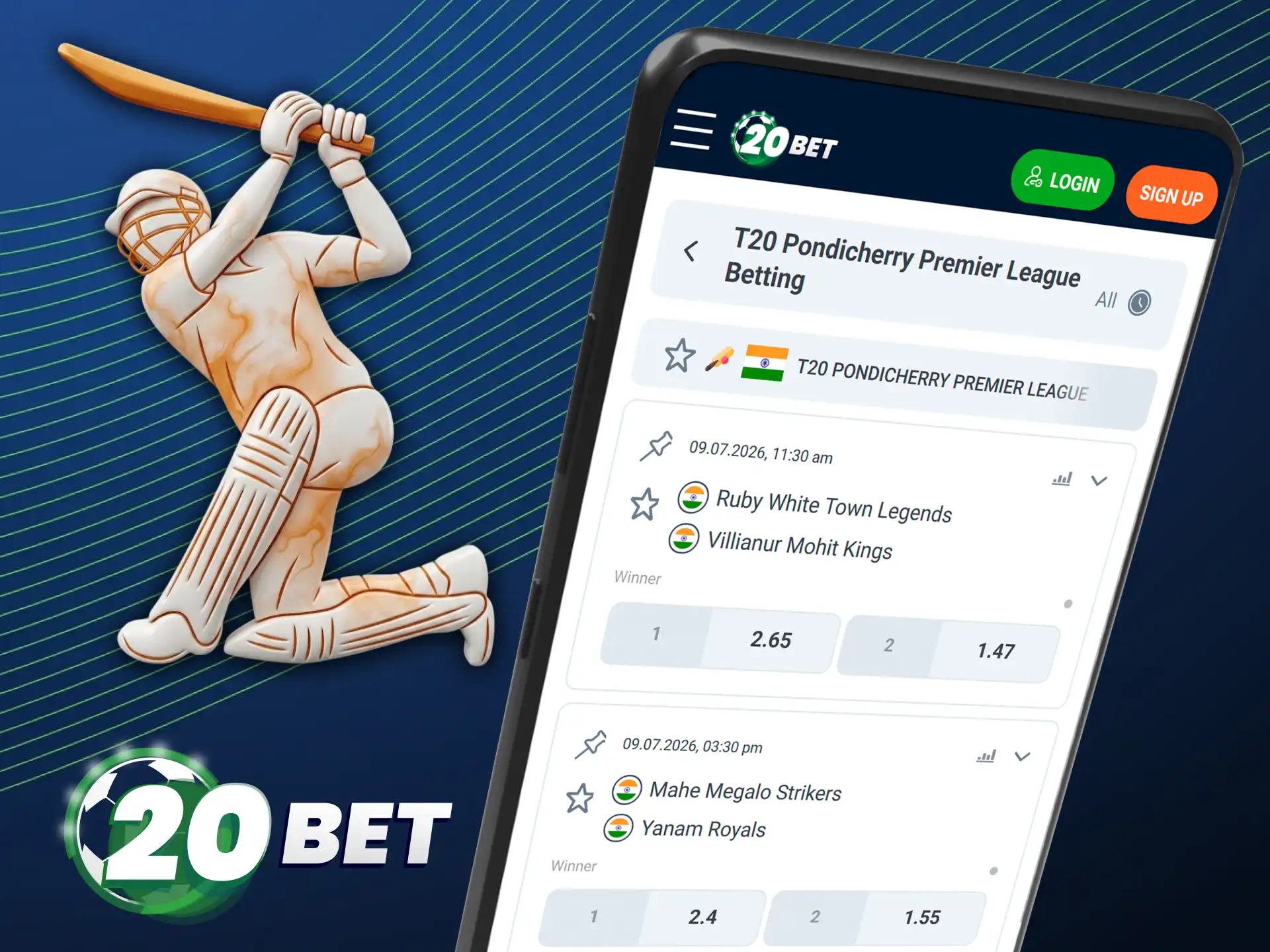 Place your winning cricket bets using the 20bet app today.