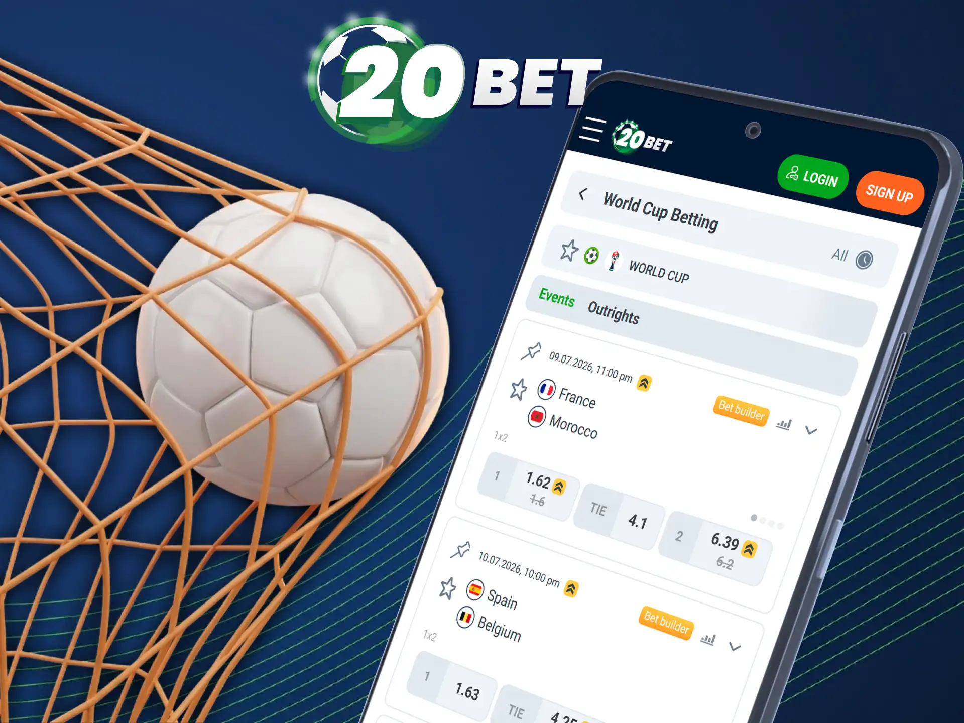Bet on your favorite football teams via the 20bet app.