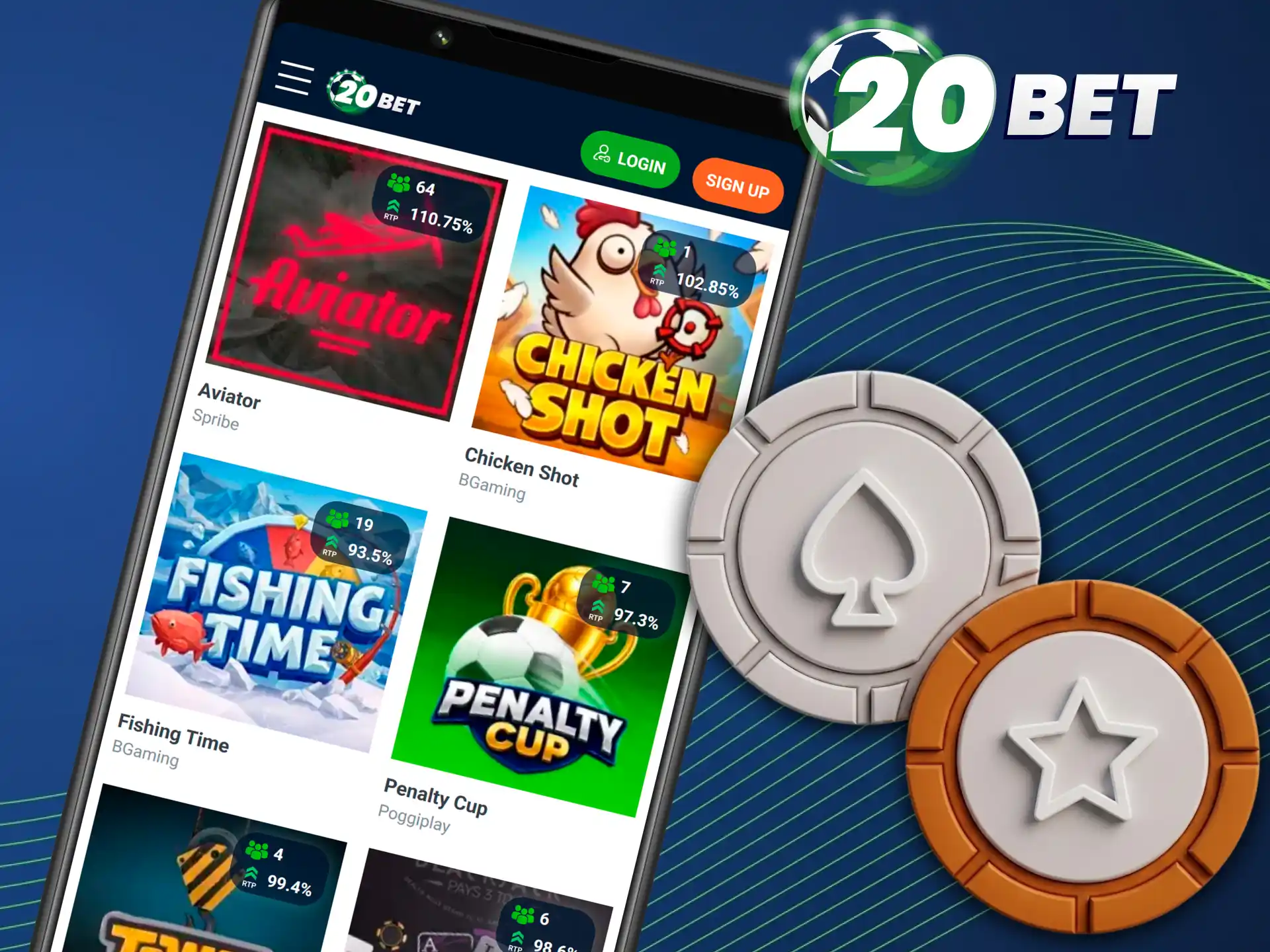 Launch fast-paced instant games on the 20bet app right now.