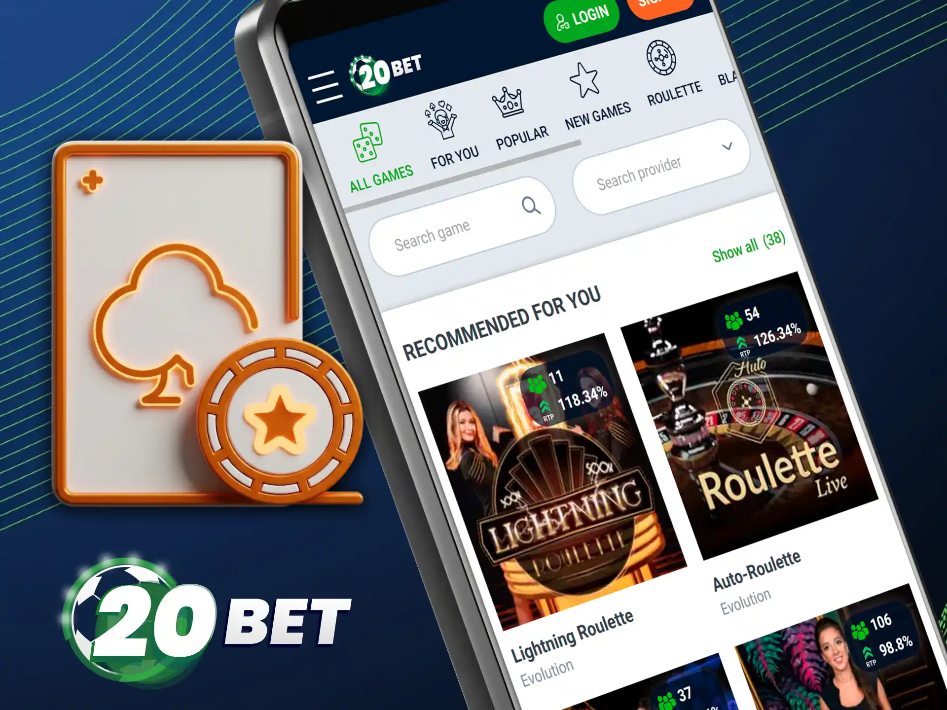 Join immersive live games within the 20bet app casino room.
