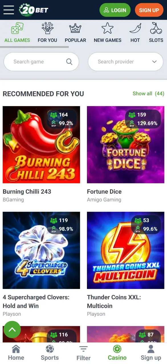 Enter the exciting casino section of the 20bet mobile app.