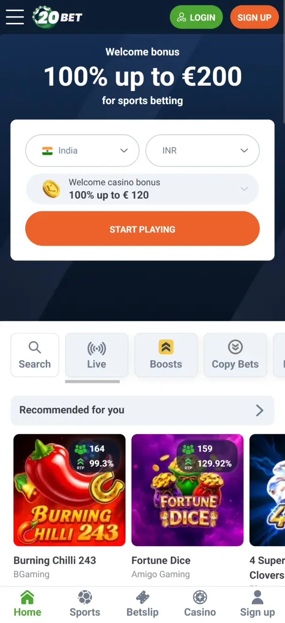 Open the main page of the 20bet mobile app.