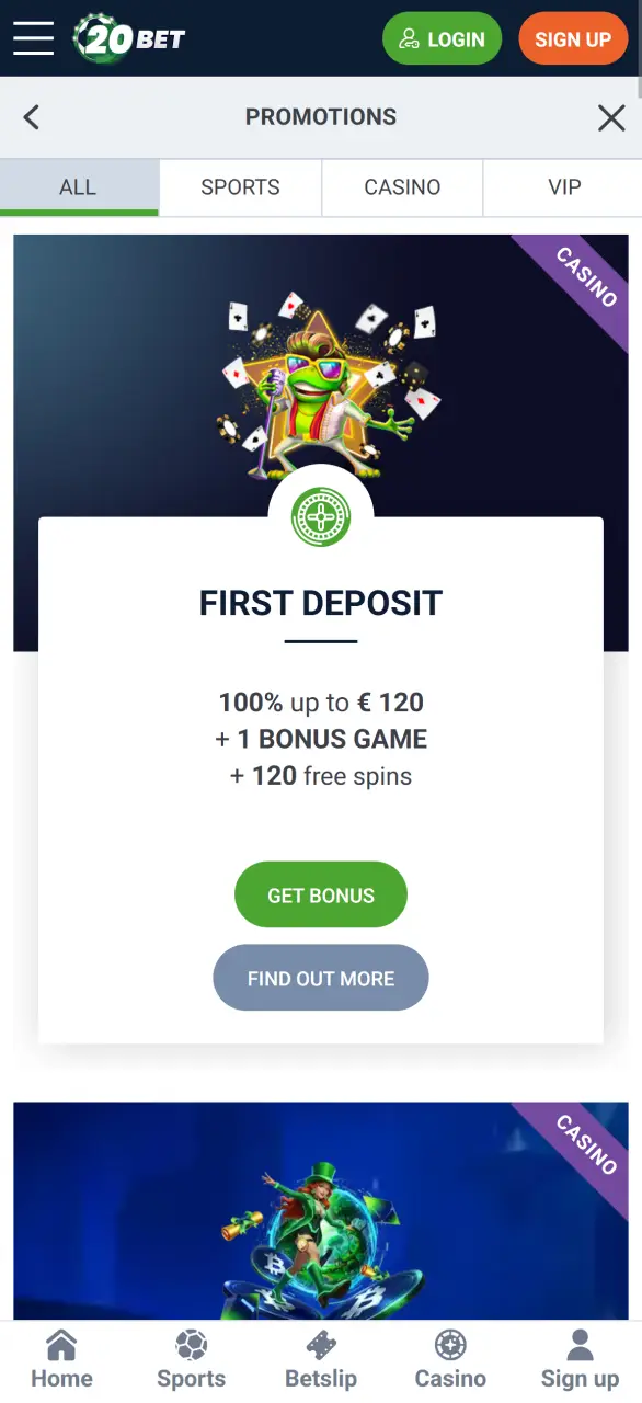 Claim all available bonuses inside the 20bet mobile app.
