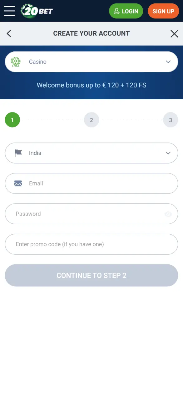 Complete your registration quickly in the 20bet mobile app.