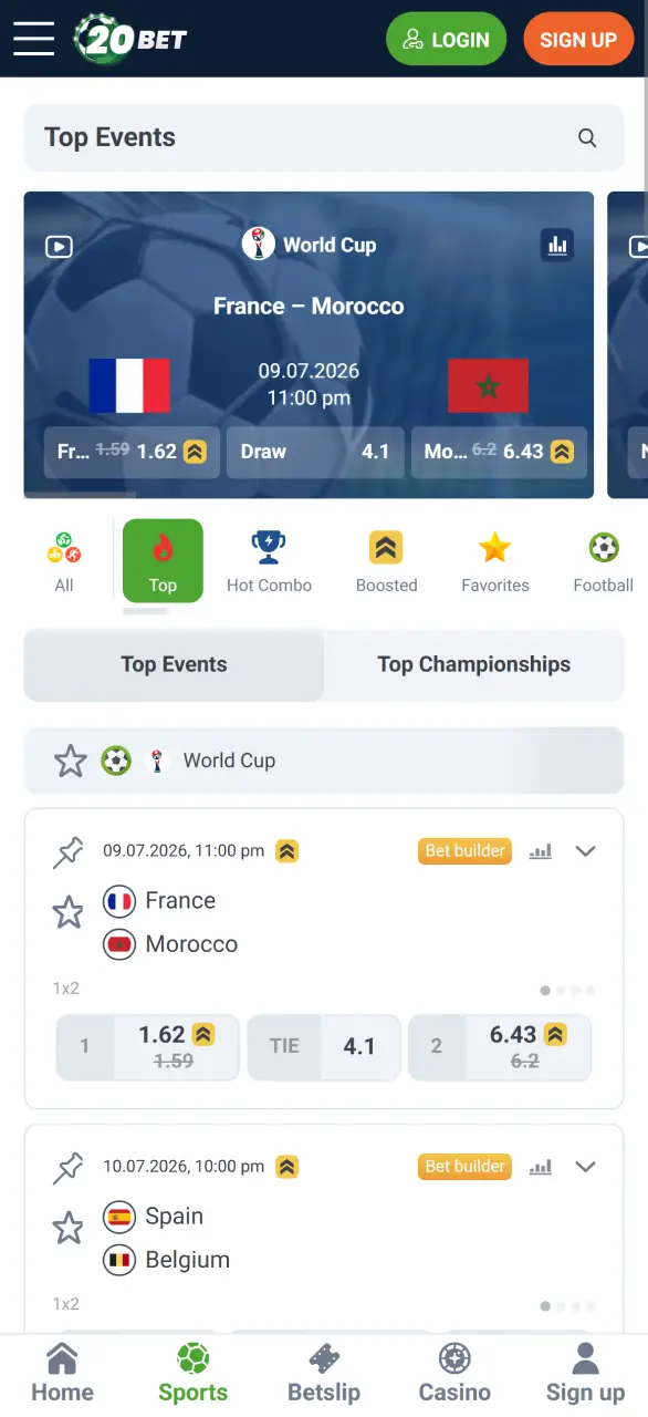 Place profitable sports bets through the 20bet mobile app.