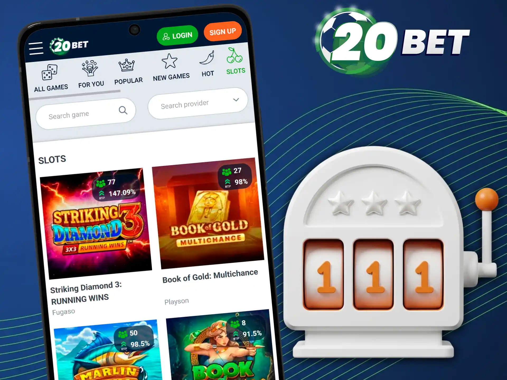 Spin and win on your favorite slots inside the 20bet app.
