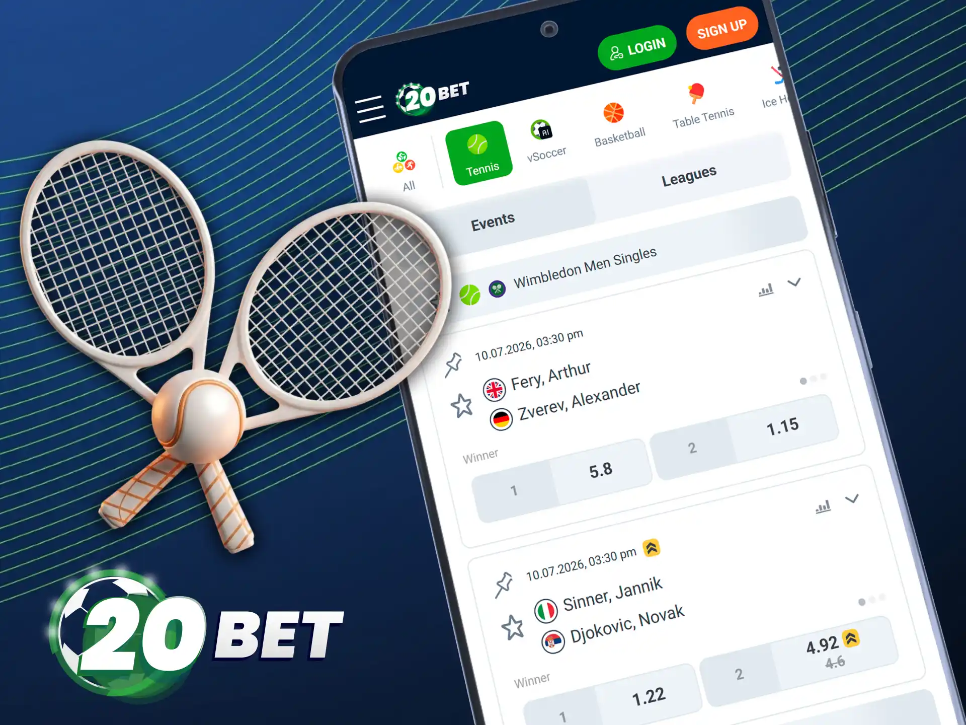 Enjoy competitive tennis betting odds in the 20bet mobile app.
